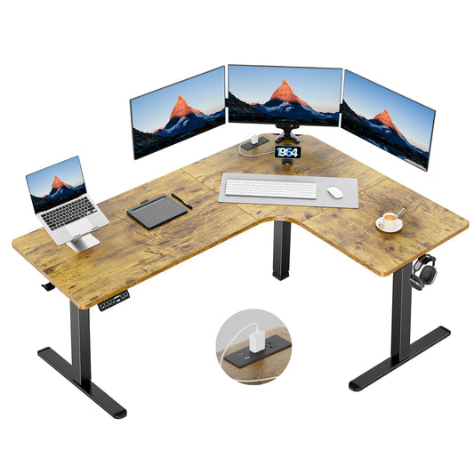 HUANUO 63″ Dual Motor L-Shaped Standing Desk, Built-in Power Outlets, Electric Height Adjustable Corner Computer Desk, Large Power Strip Holder, Sit Stand Up Desk with 3 Preset Heights, Vinta - WoodArtSupply