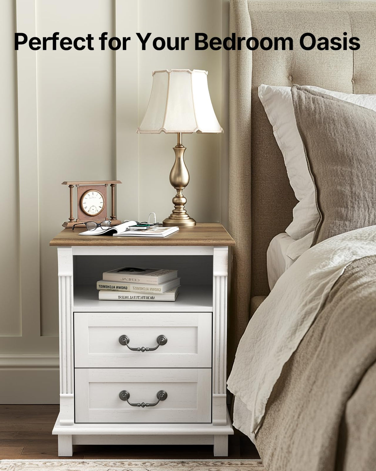 Amada Farmhouse Nightstand with Charging Station, 2 Drawers Wood Side Table Roman Column Style, Vintage Bedside Table for Bedroom with Open Shelf (Oak and White, 1Pack) AMADA HOMEFURNISHING