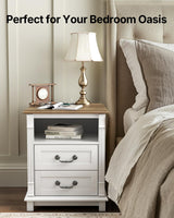 Amada Farmhouse Nightstand with Charging Station, 2 Drawers Wood Side Table Roman Column Style, Vintage Bedside Table for Bedroom with Open Shelf (Oak and White, 1Pack) AMADA HOMEFURNISHING