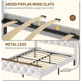 RALGEND Farmhouse Full Size Bed Frame with 51.2" Tall Storage Headboard, Upholstered Platform Bed Frame with Bookcase Headboard and LED Light, No Box Spring Needed, White and Walnut RALGEND