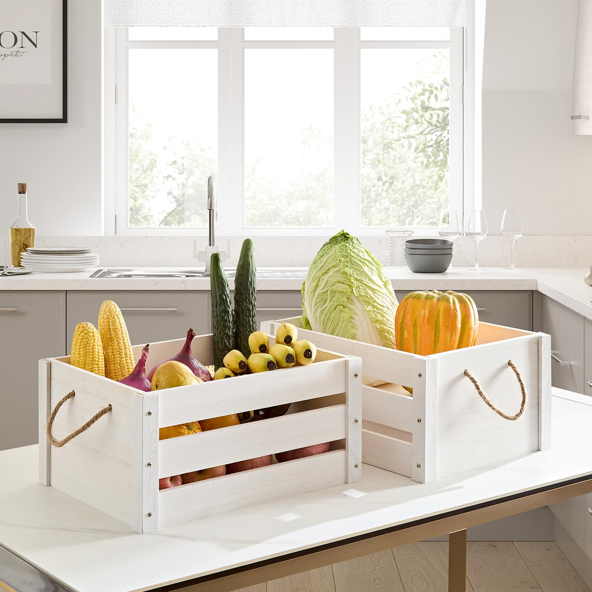 ROSOS Wooden Crates, Farmhouse Wood Crates for Storage with Rope Handles, Solid Wooden Crates for Display, Durable Wooden Crate Box, Handmade Wooden Box, Wooden Crates for Decor, White Crate, 2 Pack ROSOS