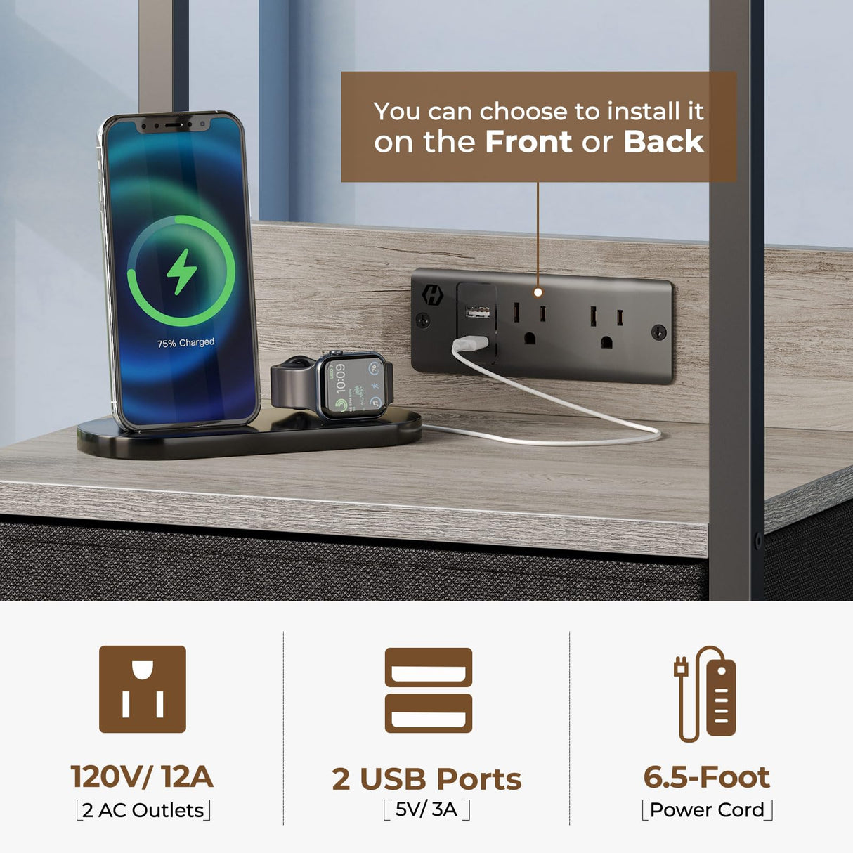 Seventable Nightstand with Charging Station and LED Light, Set of 2 Side Table with 3 Fabric Drawers, Bedside End Table with USB Ports and Outlets, Night Stand for Bedroom, Greige Seventable