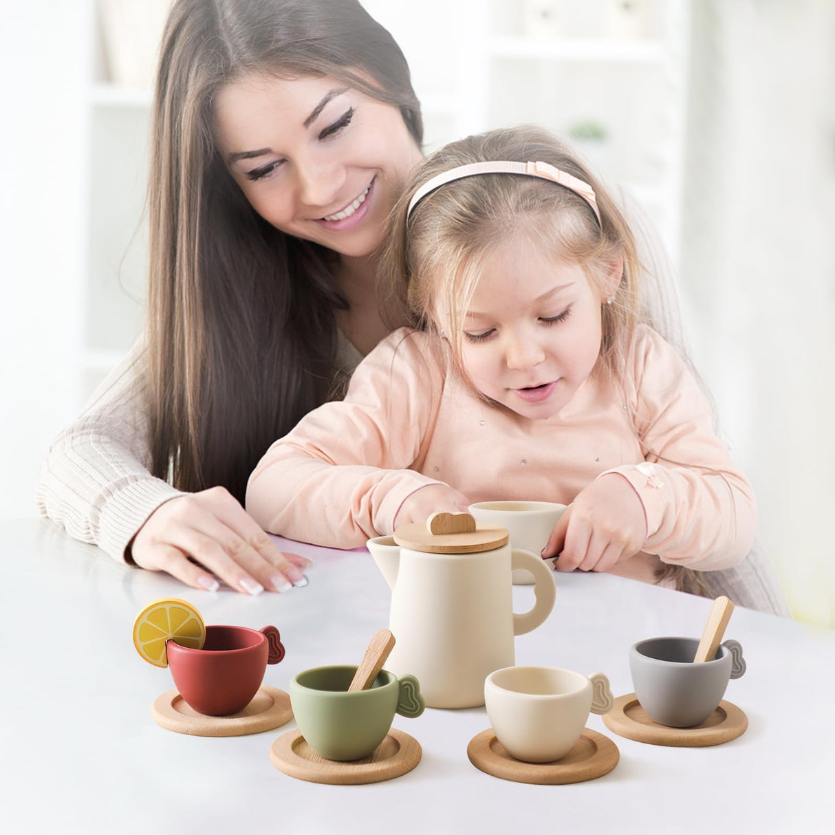 Tea Party Set for Kids, Wooden Tea Set for Little Girls and Boys, Kids Play Kitchen Accessories Toy Dishwasher Safe Tea Set for Toddler, Pretend Play Toddler Tea Set Ideal Christmas Birthday Gift Ikubigu