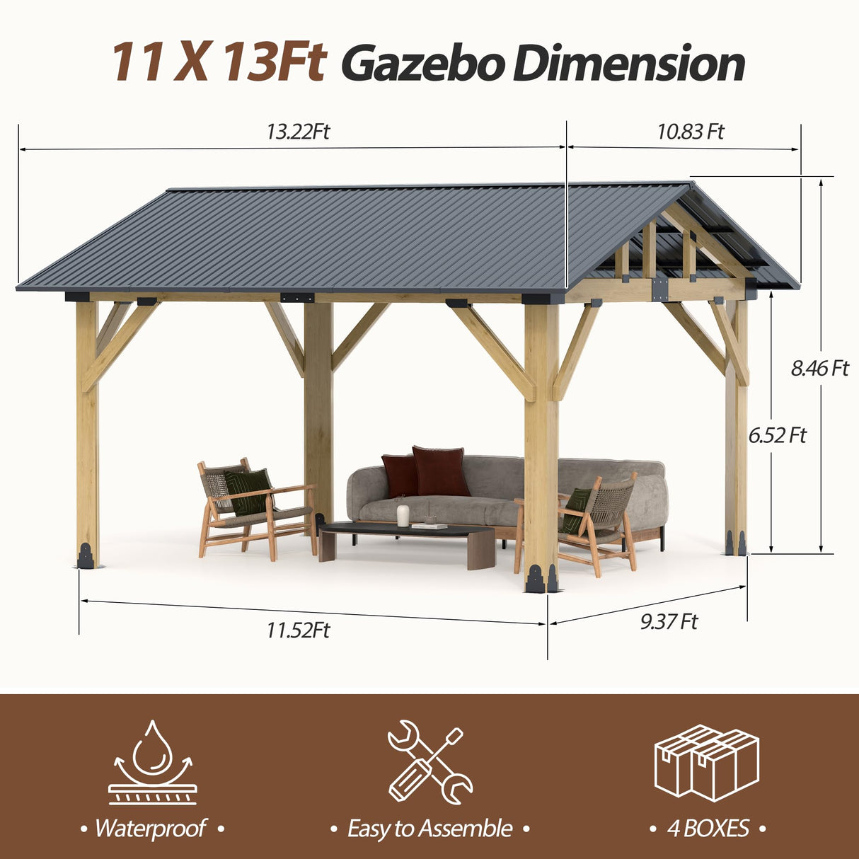 Raysfung 11' x 13' Wood Gazebo, Outdoor Hardtop Gazebo with Galvanized Steel Roof, Cedar Wooden Frame Gazebo for Garden, Patio, Deck Raysfung