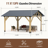 Raysfung 11' x 13' Wood Gazebo, Outdoor Hardtop Gazebo with Galvanized Steel Roof, Cedar Wooden Frame Gazebo for Garden, Patio, Deck Raysfung