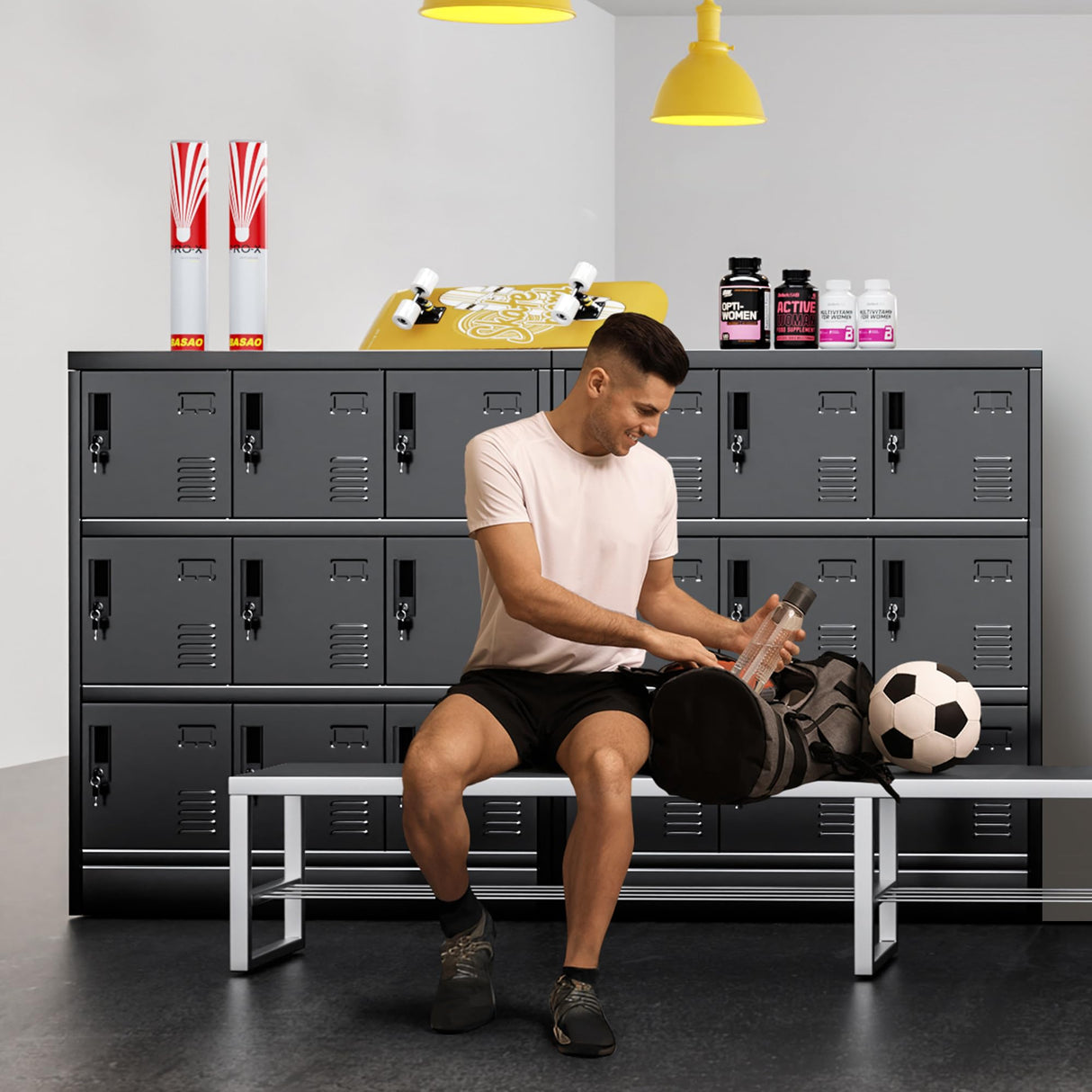 INTERGREAT 9 Door Storage Locker for Employee, Metal Locker for Office, Gym, Shool,Lockable Black Steel Locker with Lock and Card Slot for Home,Garage INTERGREAT