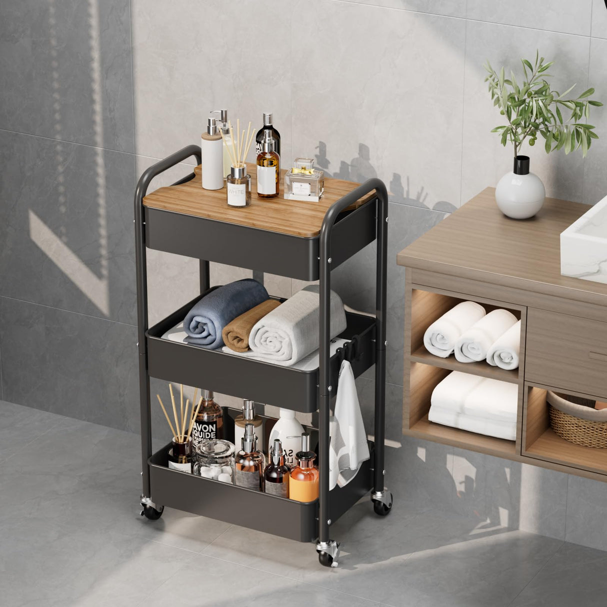 johgee 3 Tier Rolling Cart with Table top, Metal Utility Cart, Sturdy Storage Organizer Cart with Locking Wheels & Hooks for Office, Classroom, Kitchen and Bathroom johgee