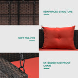 YITAHOME Wicker Hanging Porch Swing Chair Outdoor Brown Rattan Patio Swing Lounge w/ 2 Back Cushions Capacity 530lbs for Garden, Balcony, Living Room, Red YITAHOME