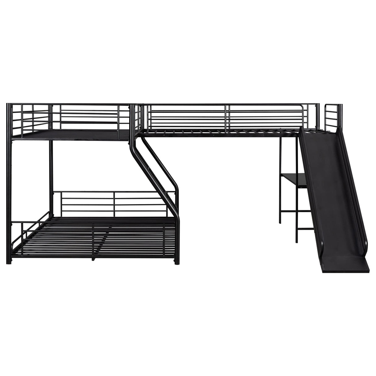SOFTSEA Twin Over Full Bunk Bed with Twin Loft Bed, Heavy Duty L-Shaped Triple Metal Bunk Bed Frame with Desk and Slide for 3 Persons, Black SOFTSEA