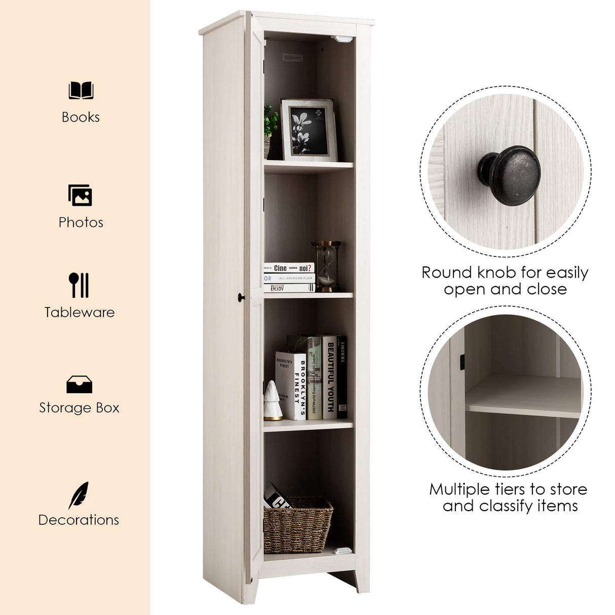 Giantex Tall Storage Cabinet Freestanding Floor Storage Tower with Four Shelves and Single Door, 17x16x72 Inch, Narrow Utility Cabinet for Living Room, Bathroom (Grayish White) Giantex