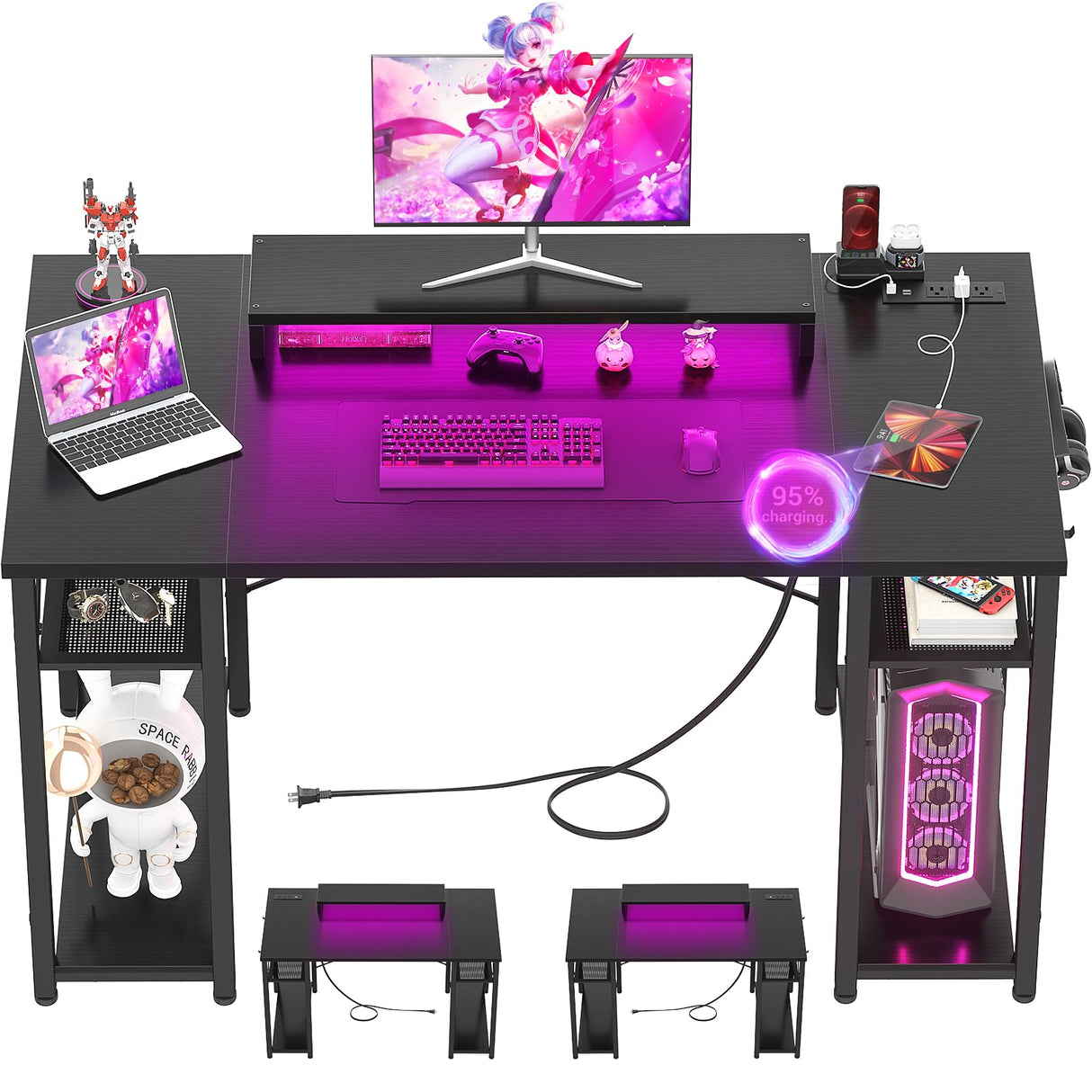 armocity Computer Desk with LED Lights, 48 Inch Reversible Large Desk with Power Outlet and USB, 48'' Gaming PC Table with Moveable Monitor Stand for Home Office, Workstation, Black armocity