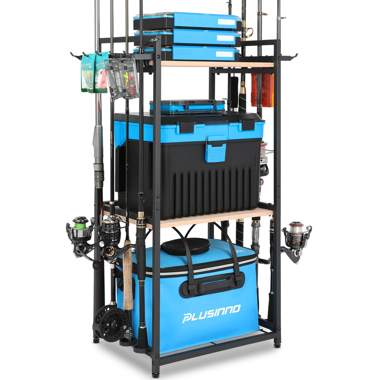 PLUSINNO 3 Tier Fishing Rod Holder, Fishing Pole Holders for Garage, Fishing Rod Rack Fishing Rod Storage Up to 8 Rods, Fishing Gear Tackle Box Fishing Equipment Organizers, Fishing Gifts for Men PLUSINNO