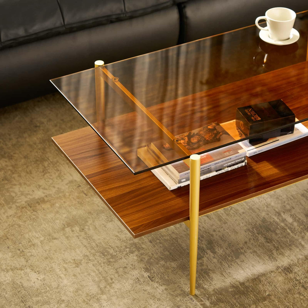 AGV LIGHTING 202206 Tadio Glass Coffee Table, Double Layer Coffee Table for Living Space, Gold Finish Frmae, Coffee Brown Glass Top & Walnut Brown Wood Top AGV LIGHTING