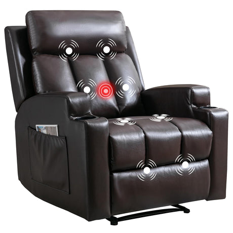 CANMOV Manual Recliner Chair with Massage and Heat,Breathable Leather Recliner Chair with Armrest and Backrest, Manual Reclining Single Sofa with 2 Cup Holders, Side Pocket for Living Room,Dark Brown CANMOV