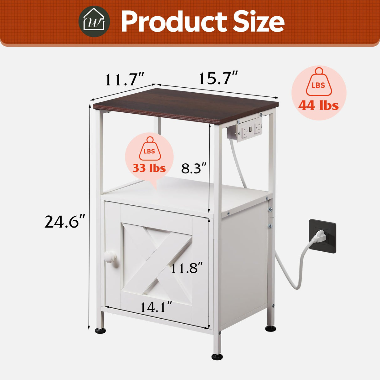 WLIWLIVE End Table with Charging Station, Bed Side Table with Open Shelf and Cabinet, Farmhouse Night Stand, End Tables Living Room, Bedroom, Small Spaces, White and Greige WLIVE