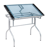 Studio Designs Folding Modern Glass Top Adjustable Drafting Table Craft Table Drawing Desk Hobby Table Writing Desk Studio Desk, 35.25" W x 23.75" D, Silver / Blue Glass SD STUDIO DESIGNS