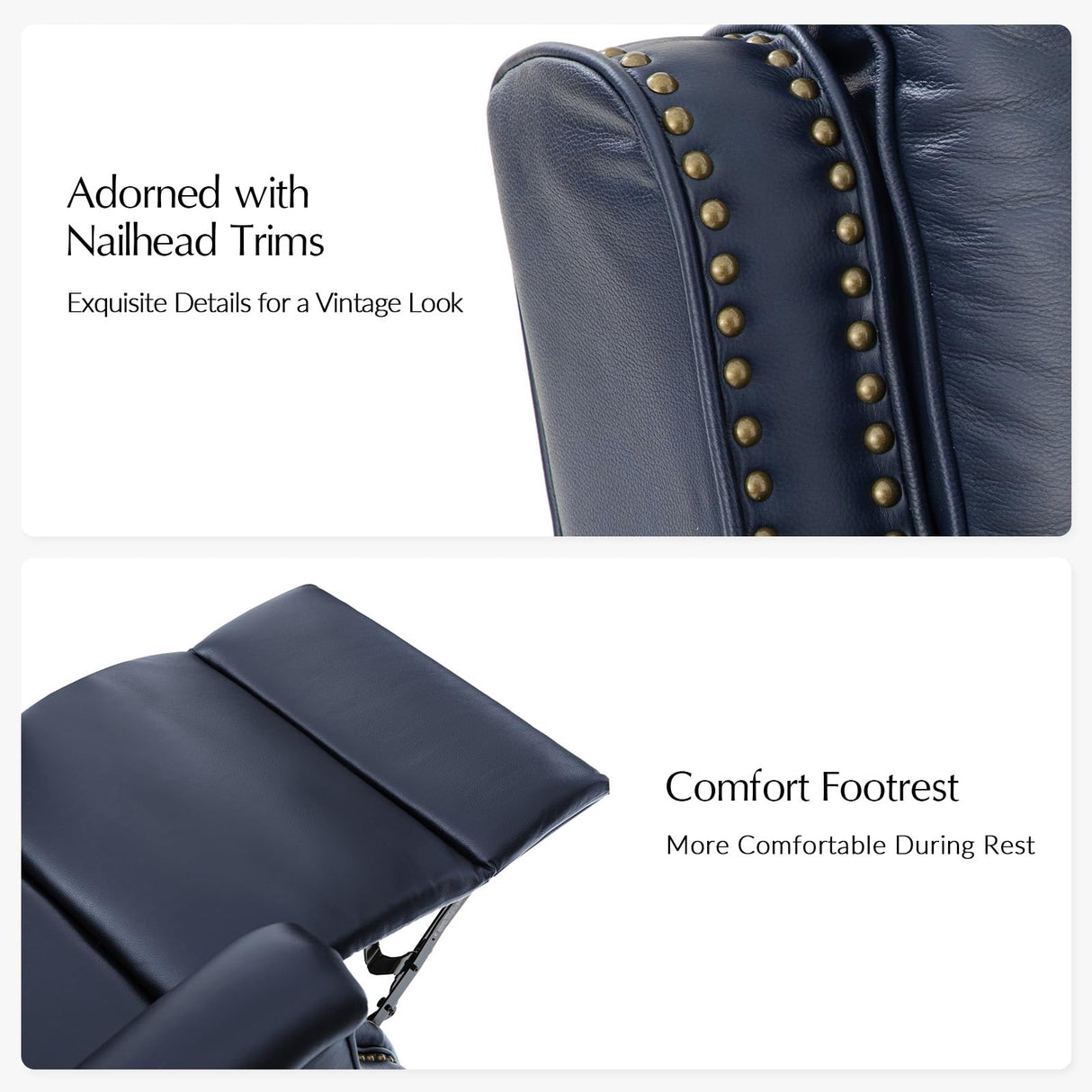 HULALA HOME Genuine Leather Recliner Chair, 360 Swivel Rocker Chair with Thick Seat, Classic Push Back Armchair with Backrest, Nailhead Trim, Navy HULALA HOME