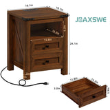 Joaxswe Nightstand with Charging Station and USB Port, Farmhouse Side End Table with 2 Drawers and Open Shelf, Wood Rustic Sofa Table, Bedside Cabinet for Bedroom, Living Room, Closet, Office(Brown) Joaxswe