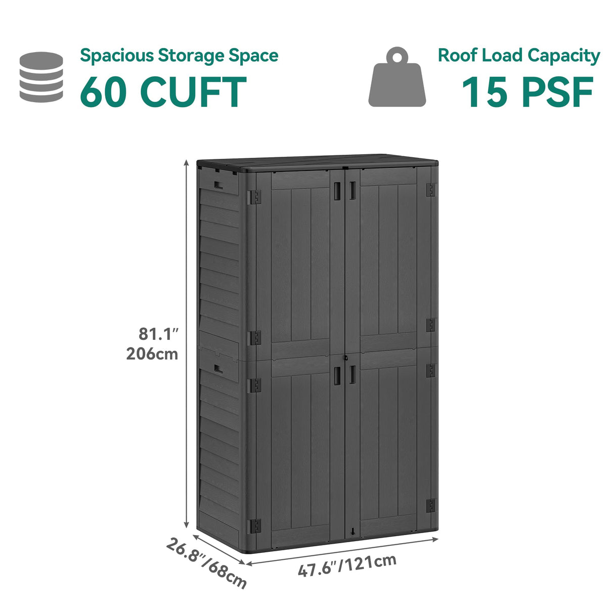 YITAHOME 60 cu ft Tall Outdoor Storage Shed w/o Shelf, Resin Vertical Outdoor Storage Shed, Large Waterproof Storage Cabinet for Garage, Poolside, and Garden (Dark Gray + Black) YITAHOME