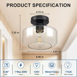 Industrial Semi Flush Mount Ceiling Light: Black Kitchen Lighting Fixtures Ceiling with Clear Glass - Vintage Hallway Light Fixtures E26 Bulb Included - 8.46” Light Fixtures Ceiling Mount for Foyer DINGLILIGHTING