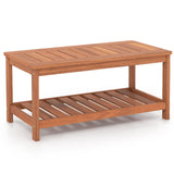 Giantex Hardwood Patio Coffee Table - 2-Tier Wooden Coffee Table with Slatted Tabletop & Storage Shelf, Outdoor Rectangular Center Table for Backyard, Garden, Poolside, Balcony & Indoor, Walnut Giantex