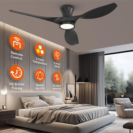 TALOYA 52 Inch Ceiling Fan with Led Light Remote Control Flush Mount Low Profile for Bedroom Farmhouse Patio Outdoor Living Room Kitchen Dining Room,DC Motor,Reversible,Black TALOYA