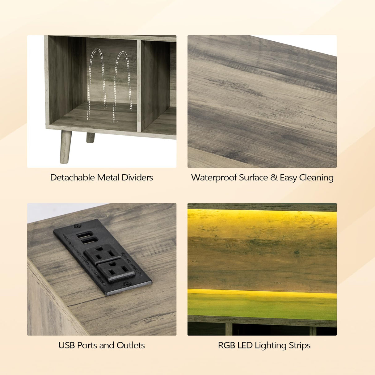 VINGLI Record Player Stand with Open Vinyl Storage, Mid-Century Album Storage Table with LED Light up to 300 Albums, Vinyl Record Player Shelf with Power Outlet for Living Room, Grey Oak VINGLI