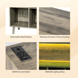 VINGLI Record Player Stand with Open Vinyl Storage, Mid-Century Album Storage Table with LED Light up to 300 Albums, Vinyl Record Player Shelf with Power Outlet for Living Room, Grey Oak VINGLI