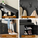 ComeWay Hall Tree with Storage 70.9 Inch Height, Coat Rack with 7 Hooks & Shoe Cabinet with Doors, 6-in-1 Farmhouse Hall Tree Anti-toppling, Shoes Rack for Entryway Hallway, Modern Black ComeWay