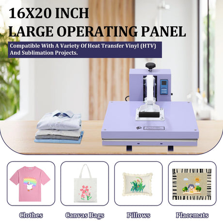 16x20 Heat Press - Professional Digital Sublimation Heat Press Machine for T-Shirts, Clothes, Canvas Bags - Adjustable Pressure, Even Heating Technology, Large Operating Panel EcoExplorer