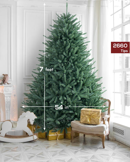 AMERZEST Christmas Tree 7ft Full Premium Blue Fir Artificial Christmas Tree Unlit, Hinged Blue Spruce Xmas Tree No Lights Arbol De Navidad Grande