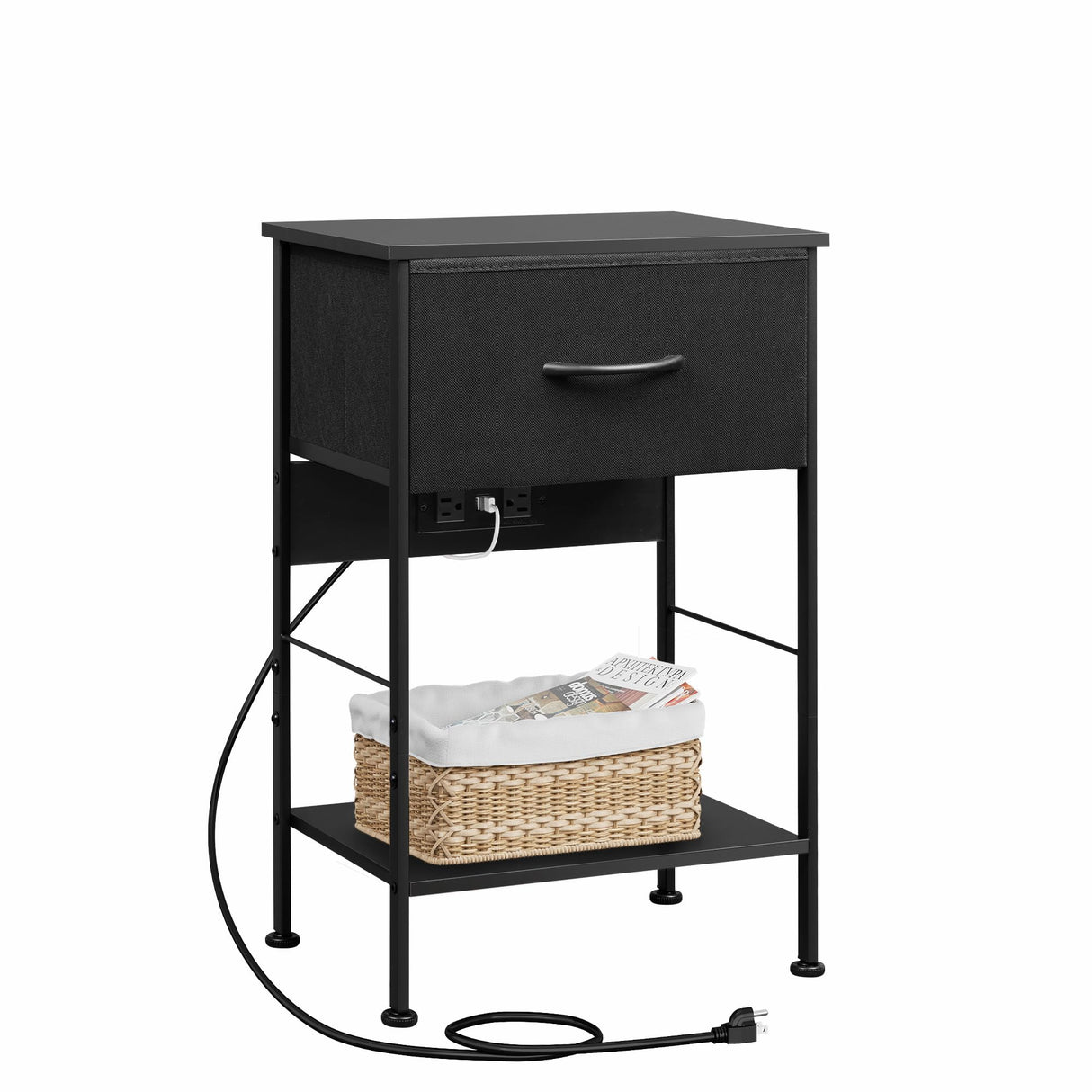 WLIVE Night Stand with Charger Station, Small Nightstand with 1 Fabric Drawer and Open Wood Shelf, 25" H Bedside Table for Bedroom, 2-Tier Storage Side Table for Dorm, Entryway, Black WLIVE