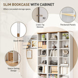 RALGEND 7-Tier Tall Narrow Bookshelf with Door Set of 2, 71 Inches CD DVD Slim Media Tower Rack with Storage Cabinet, Adjustable Shelves, Skinny Display Bookcase for Home Office, White and Walnut RALGEND