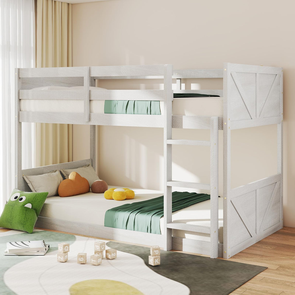 Zevemomo Low Twin Over Twin Bunk Bed, Solid Rubberwood Bed Frame with Built-in Ladder, Floor Bunk Bed, Wooden Bed for Small Spaces, Bedroom, Space Saving, No Box Spring Needed, White Zevemomo