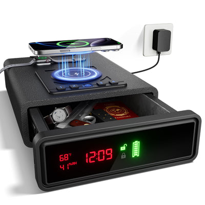 Biometric Smart Safe with Wireless Charging for Phone and Watch, 3 Quick Access Stopbox with Fingerprint Backlit Keypad - Compact Nightstand Drawer with LED Light, 24/7 Digital Clock, Bedside, Office