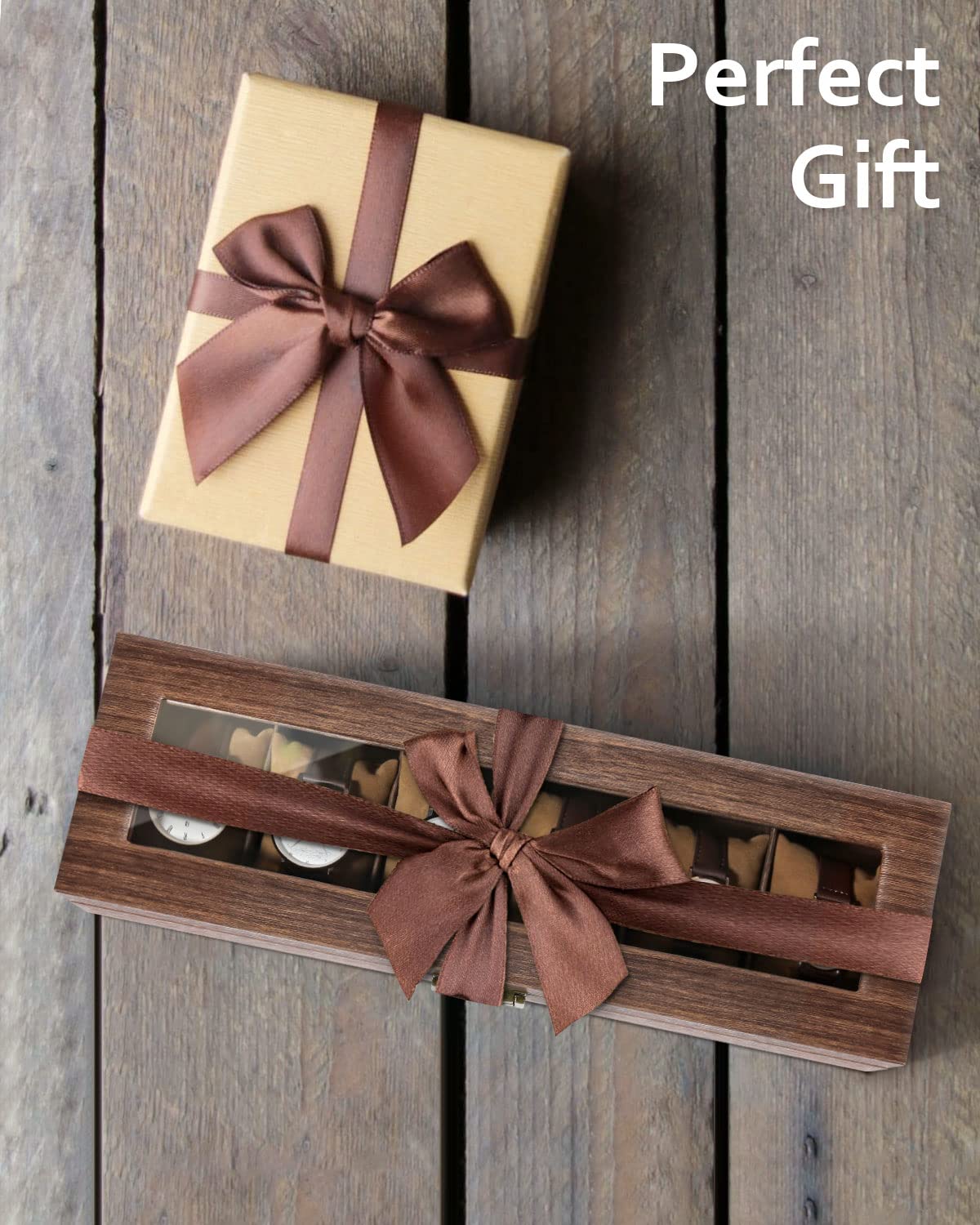 Uten Watch Box 6 Slots, Watch Case Organizer with Real Glass Lid, Wood Grain PU Leather Watch Display Storage Box with Removable Imitation Suede Watch Pillows, Metal Clasp Uten