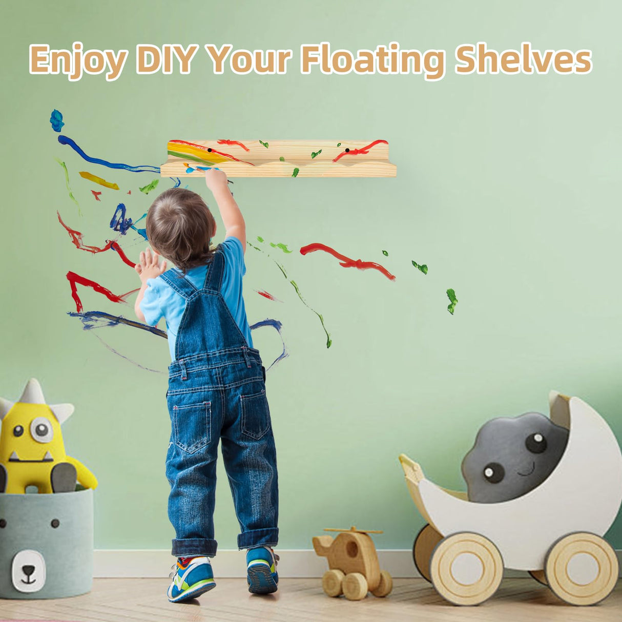 storenization Floating Book Shelves for Wall, 16.5" Natural Wood Nursery Shelves for Book Storage, Solid Pine Wooden Floating Wall Bookshelf for Bedroom Living Room, Set of 2+1, Unfurnished - DIY storenization