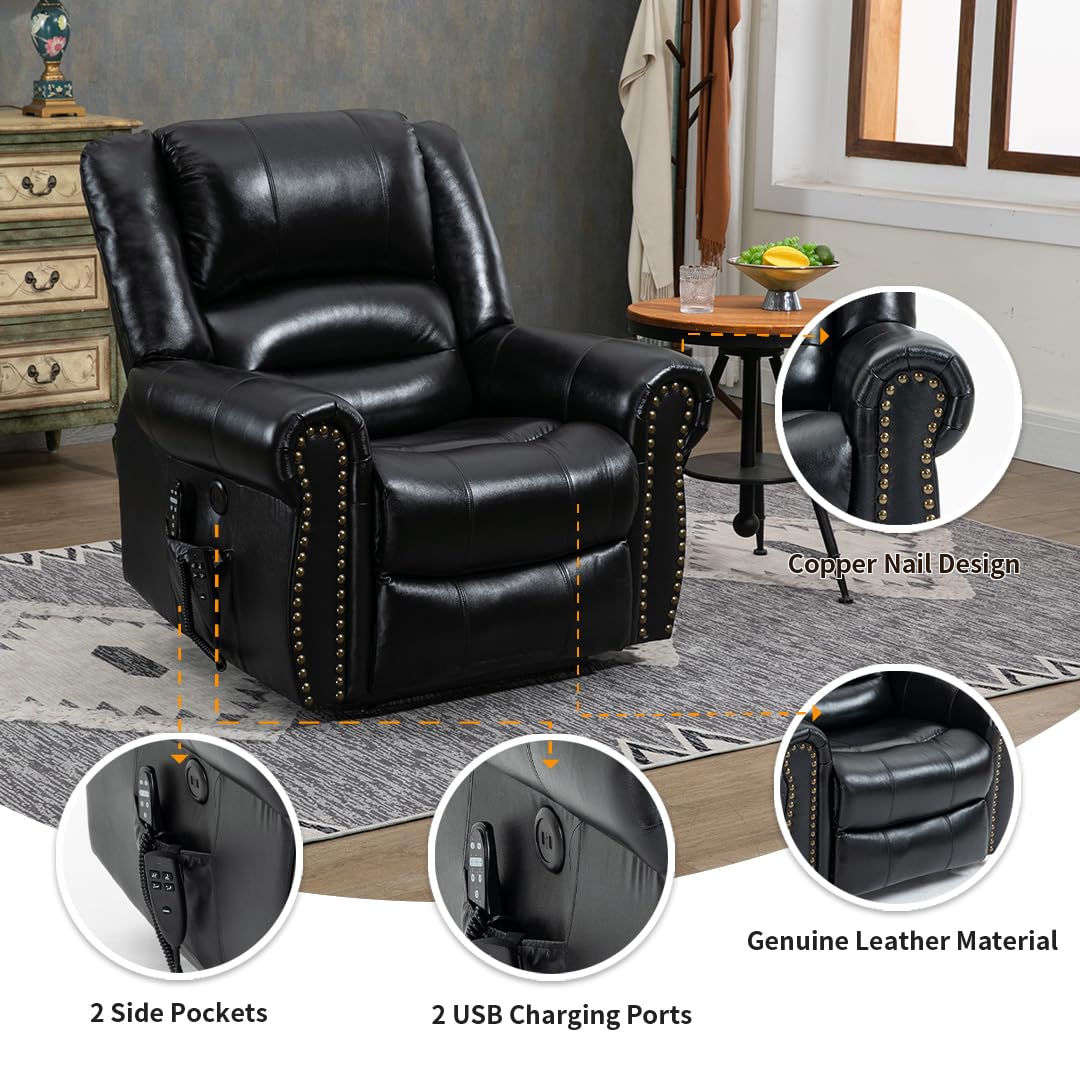 Genuine Leather Power Lift Recliner Elderly Chair, Lay Flat Lift Chairs, Remote Control with Point- Like Distribution Massage/Heating/Adjusting Reclining Model (Black) Luckoney