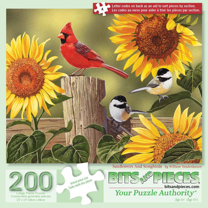 Bits and Pieces – 200 Piece Jigsaw Puzzle for Adults – Sunflower & Songbirds - Cardinals Jigsaw Puzzle by William Vanderdasson, Completed Puzzle Size: 15" x 19"