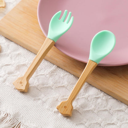 Baby Feeding Spoon, Bamboo Wood and Silicone Baby Fork and Spoon - Soft Curved Silicone Tip Spoons - Suitable for Baby and Toddlers Forked Spoone （Green Bear）