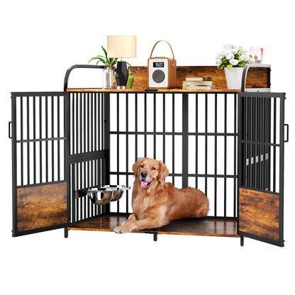 BEURUKU 48 Inch Large Dog Crate Furniture, Dog Kennel Indoor Large Breed with 2 Bowls 360° Adjustable, Dog Cage Table XXL Dog Crates for Large Medium Dogs, 48" L X 30" W X 45" H, Brown - WoodArtSupply