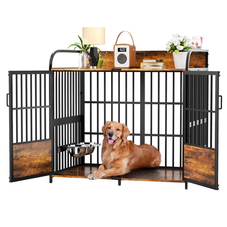 BEURUKU 48 Inch Large Dog Crate Furniture, Dog Kennel Indoor Large Breed with 2 Bowls 360° Adjustable, Dog Cage Table XXL Dog Crates for Large Medium Dogs, 48" L X 30" W X 45" H, Brown BEURUKU