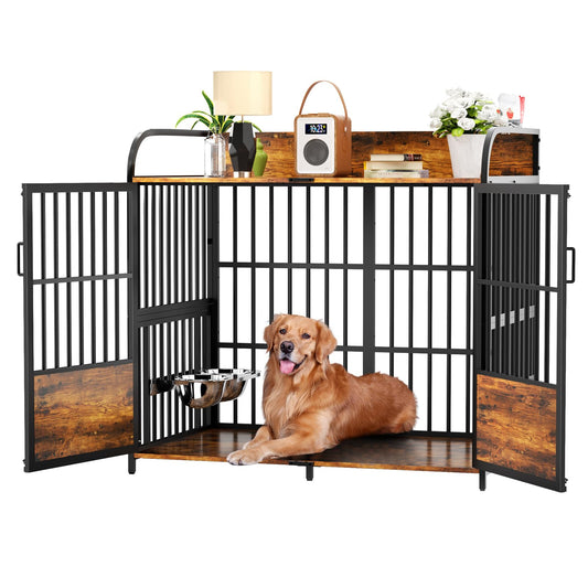 BEURUKU 48 Inch Large Dog Crate Furniture, Dog Kennel Indoor Large Breed with 2 Bowls 360° Adjustable, Dog Cage Table XXL Dog Crates for Large Medium Dogs, 48" L X 30" W X 45" H, Brown