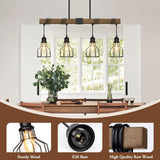 4-Light Kitchen Island Lighting, 63" Adjustable Height Pendant Light Fixtures Black Metal & Rustic Wood Modern Dining Room Chandelier Over Table with E26 Base for Farmhouse Bar SIAFAVOI