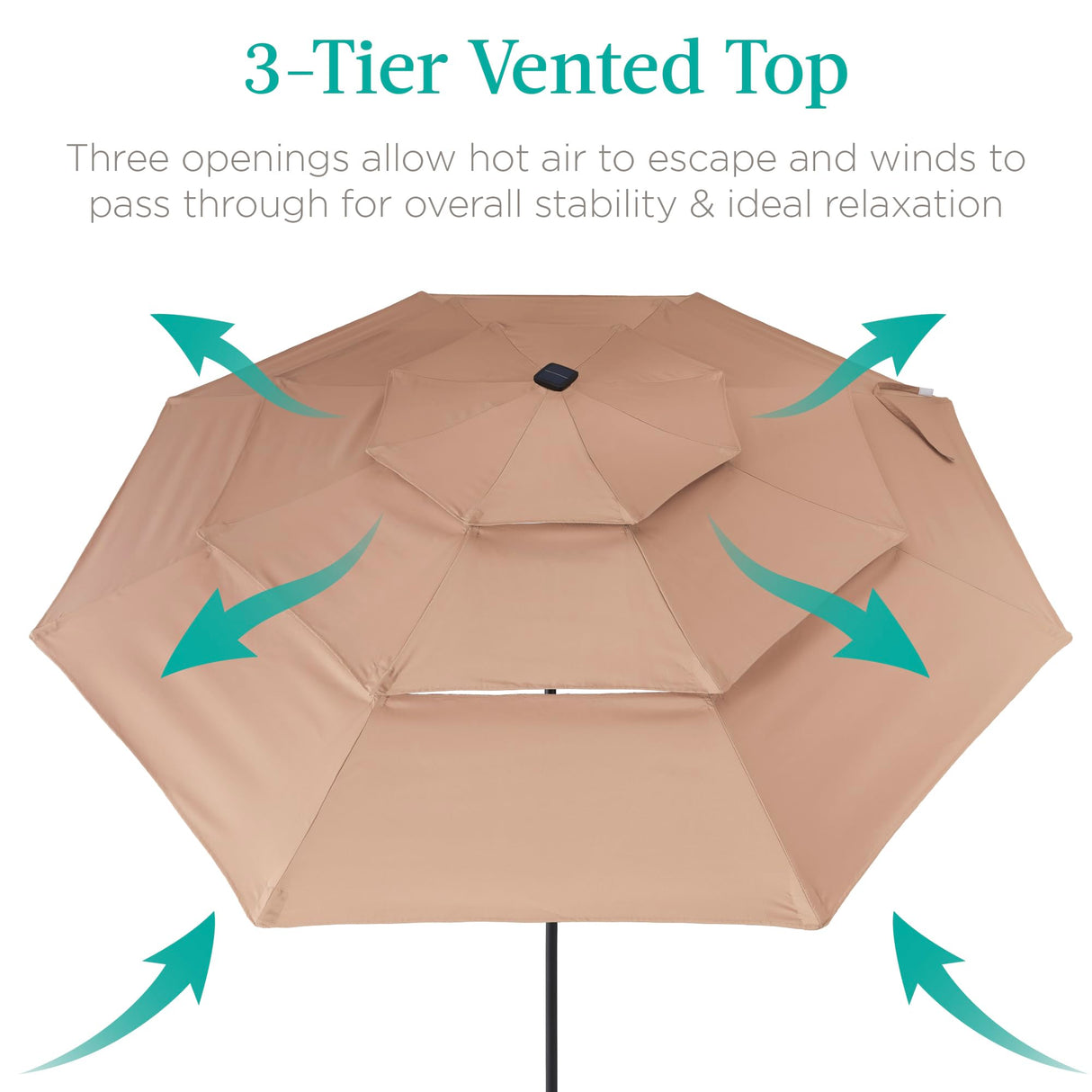 Best Choice Products 10ft 3-Tier Solar Patio Umbrella, Outdoor Market Sun Shade for Backyard, Deck, Poolside w/ 24 LED Lights, Tilt Adjustment, Easy Crank, 8 Ribs - Tan Best Choice Products