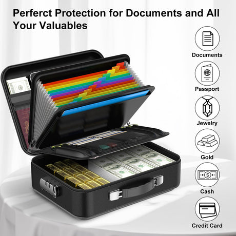 COLCASE Fireproof Document Box, Hard Case Fireproof File Organizer with Lock Hard-Shell Design Fireproof Water Resistant Safe Box for Important Documents Certificates Laptop Passports Black COLCASE