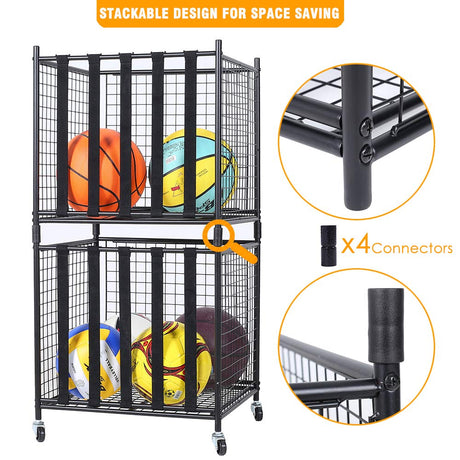 Snail Sports Ball Storage Rolling Cart Lockable Sports Ball Storage Rack with Elastic Straps, Stackable Ball Cage for Garage Storage Organizer, Compact Size But Functional, Matt Black Snail