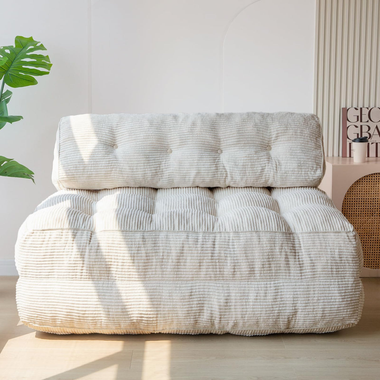 MAXYOYO Folding Sofa Bed, Convertible Sleeper Chair with Pilow Foldable Matress with Back Support, Portable Fold Out Chair Bed Comfy Floor Sofa Lounge for Living Room Bedroom, Beige, Double MAXYOYO