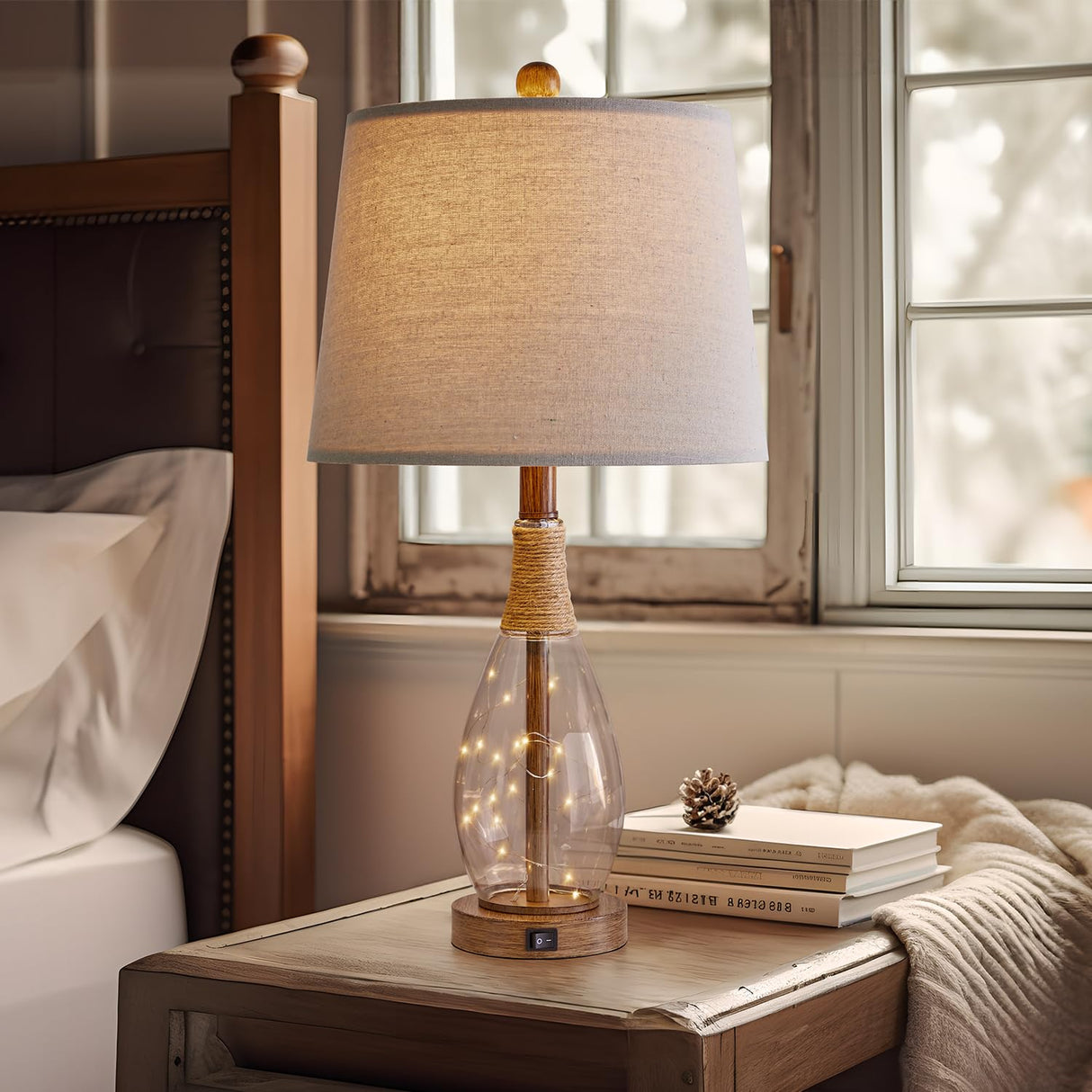 OYEARS 23" USB A+C Table Lamp Sets of 2 Modern Bedside Lamps Retro Farmhouse Rattan Glass Nightstand Nightlight Lamps for Bedroom Living Room Dorm OYEARS