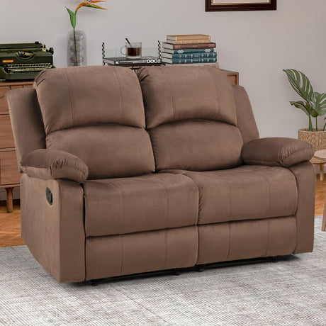 EBELLO Manual Loveseat Recliner Sofa, Soft Microfiber Reclining Couch with Overstuffed Arms and Back, Double Seat Recliner Couch for Living Room, Meeting Room, Brown EBELLO